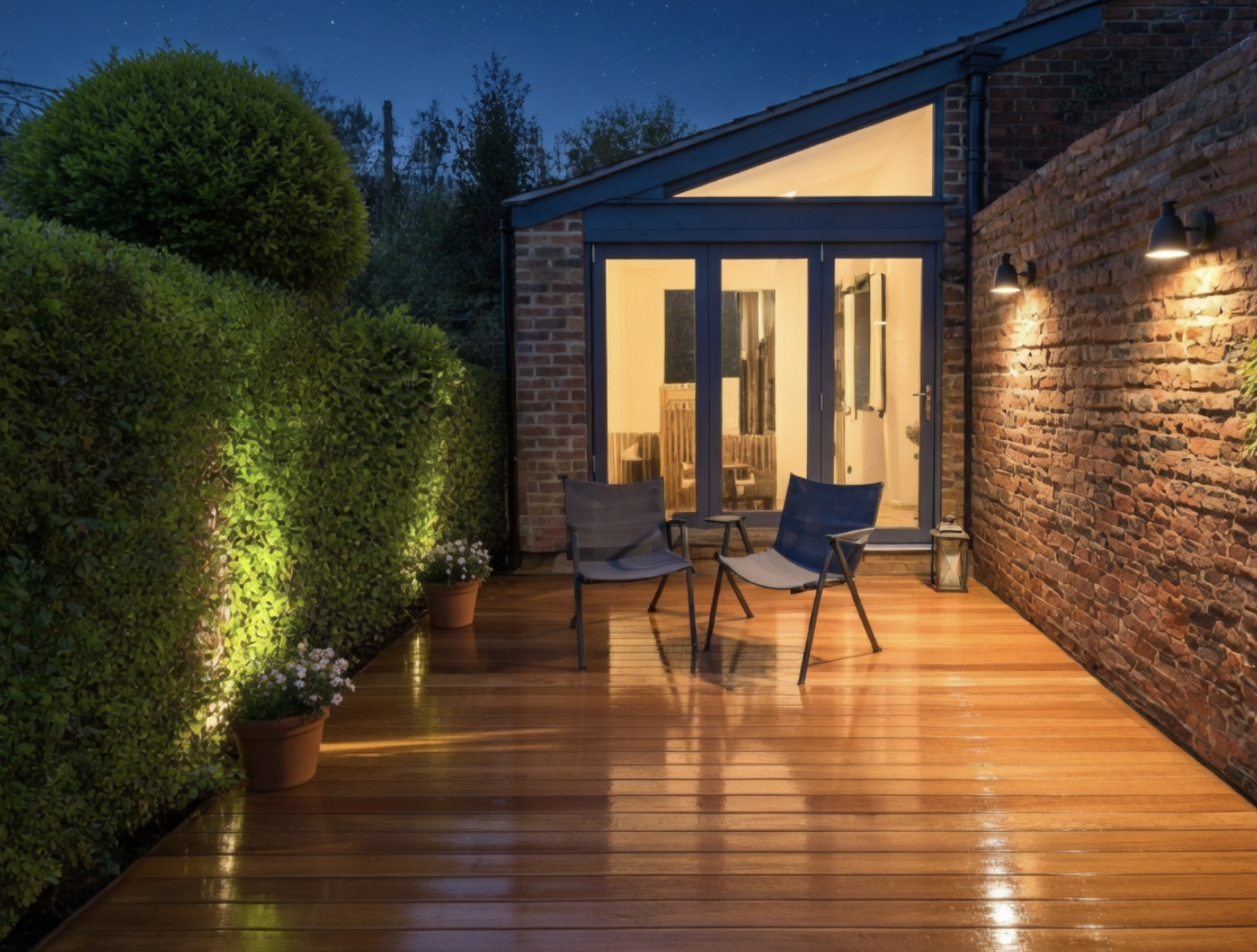 Hardwood deck with evening lighting